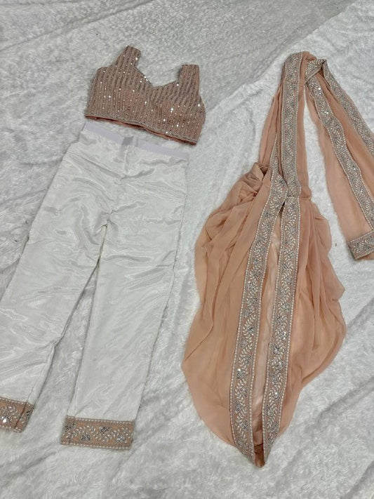 Get this stylish pre stitched saree with stitched pant