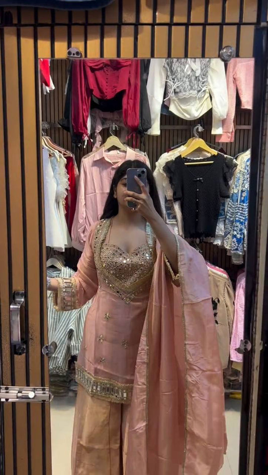 EXCLUSIVE 4 PIECE PLAZZO PAIR WITH REAL MIRROR AND EMBROIDERY WORK