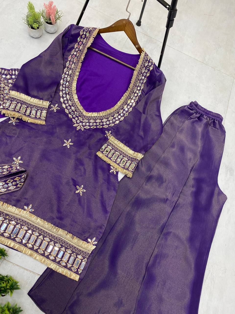 EXCLUSIVE 4 PIECE PLAZZO PAIR WITH REAL MIRROR AND EMBROIDERY WORK