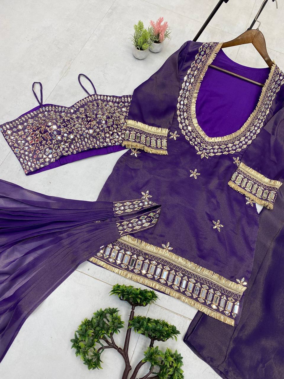 EXCLUSIVE 4 PIECE PLAZZO PAIR WITH REAL MIRROR AND EMBROIDERY WORK