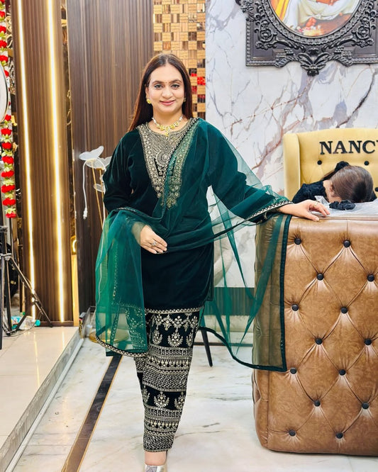 VISCOS VELVET HEAVY EMBROIDERY SEQUENCE WORK SUIT