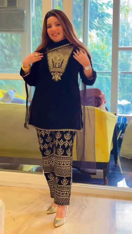 VISCOS VELVET HEAVY EMBROIDERY SEQUENCE WORK SUIT