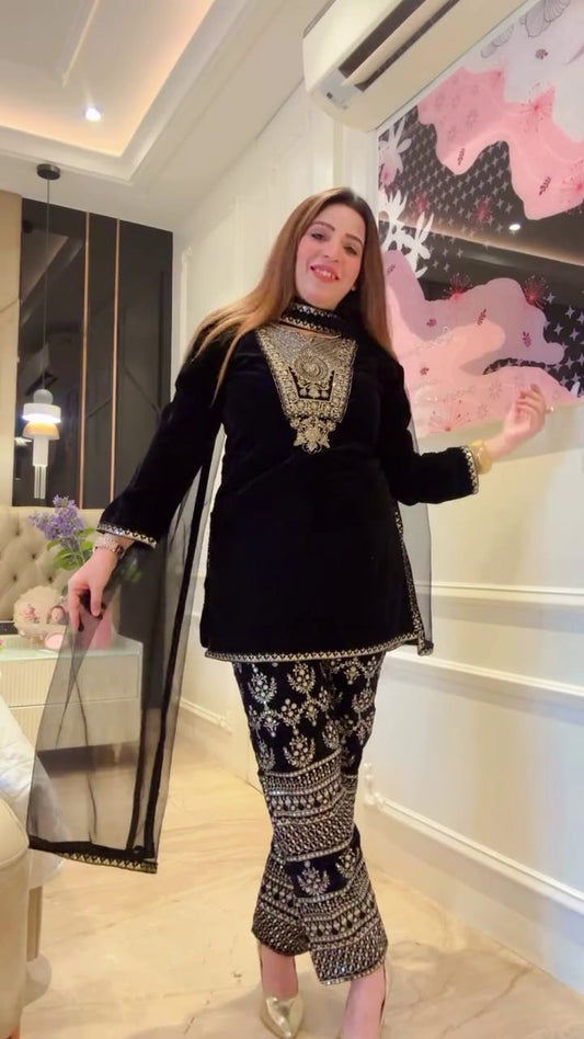 VISCOS VELVET HEAVY EMBROIDERY SEQUENCE WORK SUIT