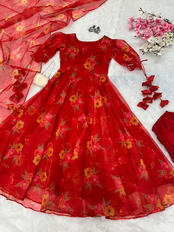 Digital printed organza silk Anarkali suit with huge flair