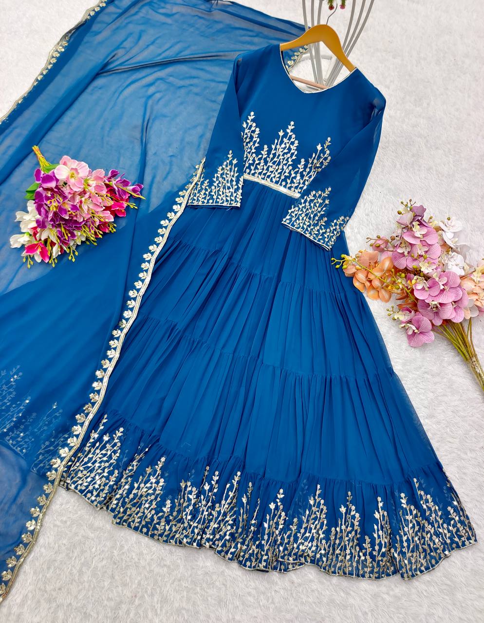 Presenting New Collection  Ruffles Gown Dupatta Set Fully Stitched Ready To Wear