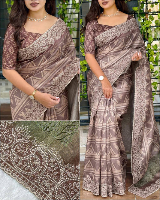 Wrapped in the poetry of heritage this tusser silk digital print saree