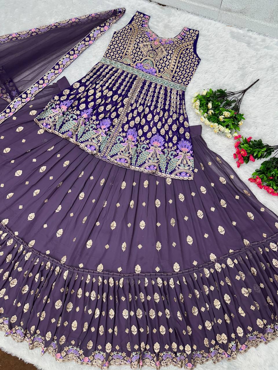 BRIDAL WEAR HEAVY CHINE STITCH WORK INDO WESTERN LEHENGAS WITH DUPATTA