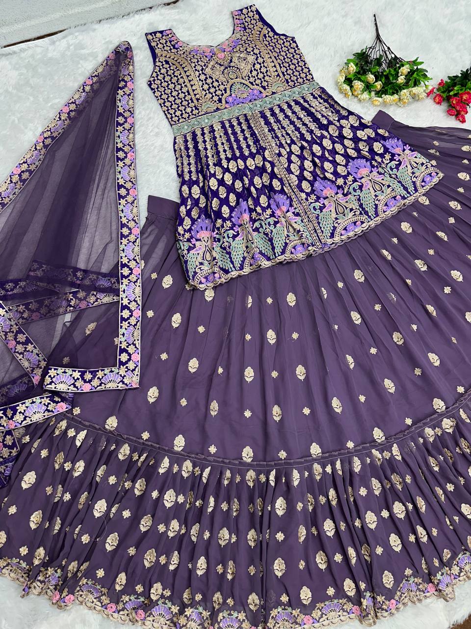 BRIDAL WEAR HEAVY CHINE STITCH WORK INDO WESTERN LEHENGAS WITH DUPATTA