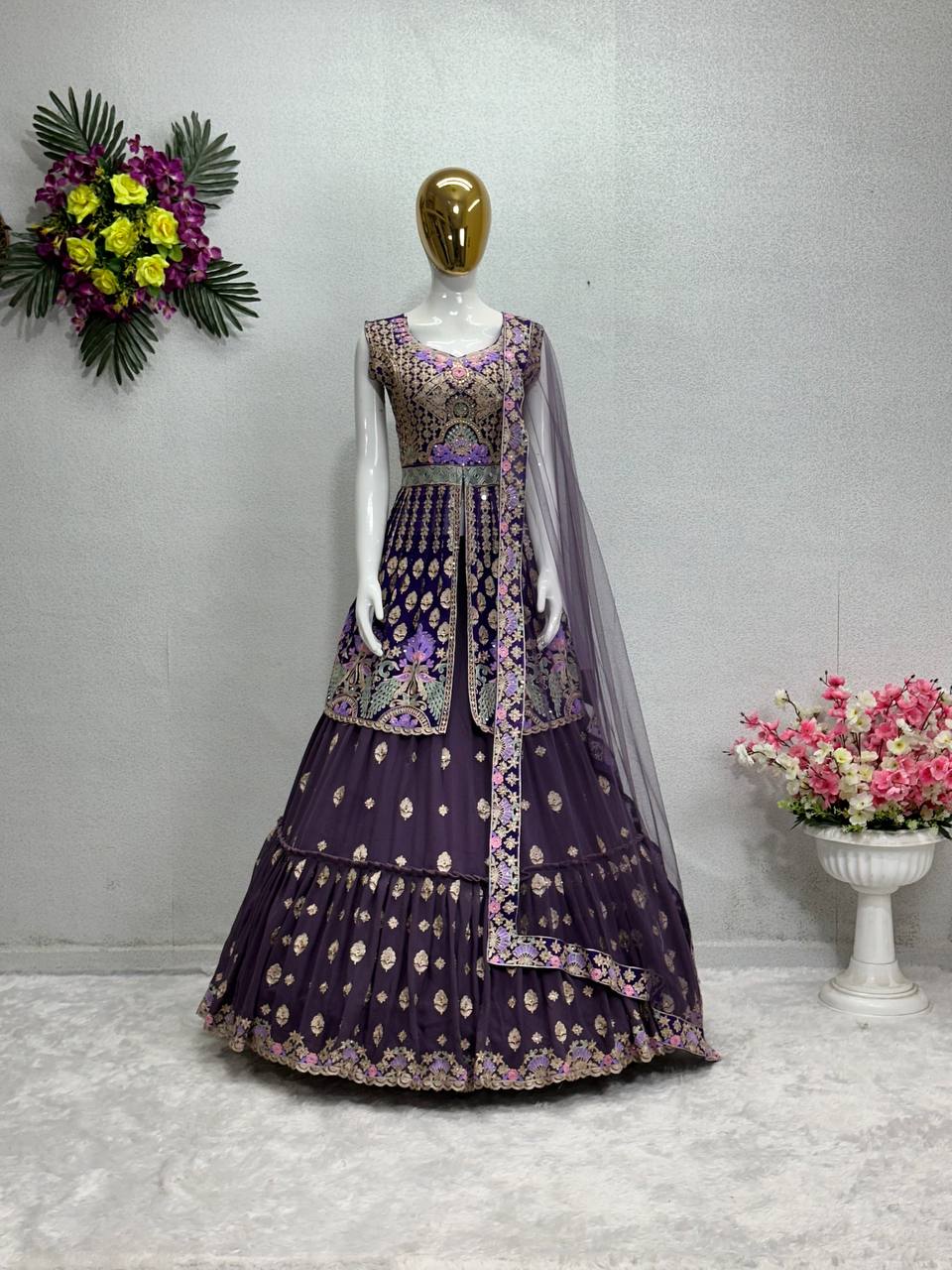 BRIDAL WEAR HEAVY CHINE STITCH WORK INDO WESTERN LEHENGAS WITH DUPATTA