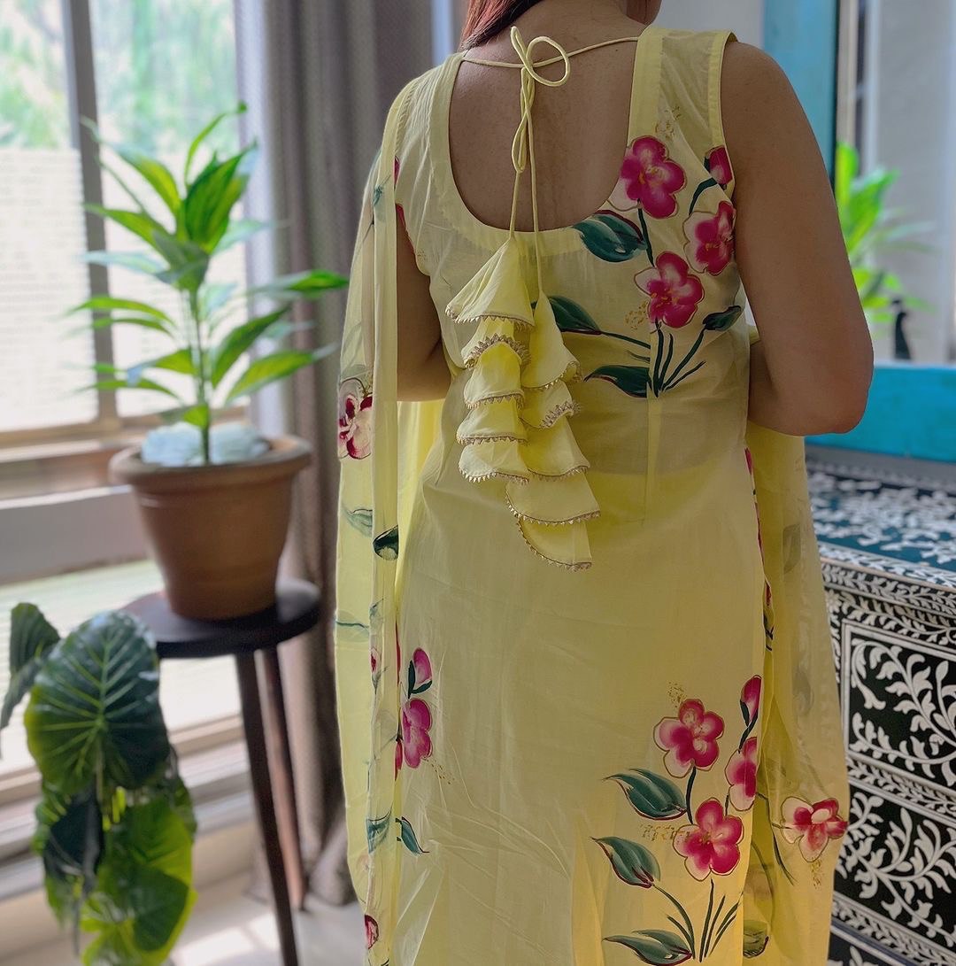 Floral Handpainted georgette kurta with tassels