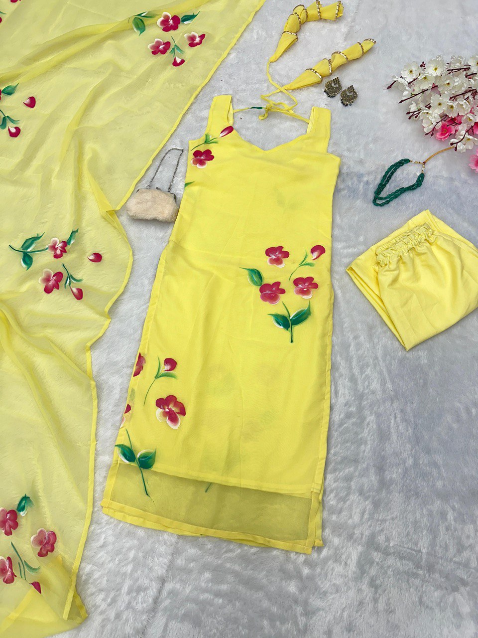 Floral Handpainted georgette kurta with tassels