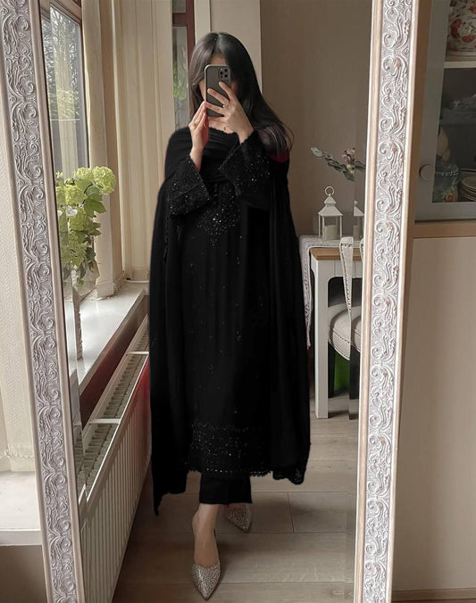 EXCLUSIVE 3 PIECE PLAZZO PAIR WITH DUPATTA IN SEQUENCE EMBROIDERY WORK SUIT