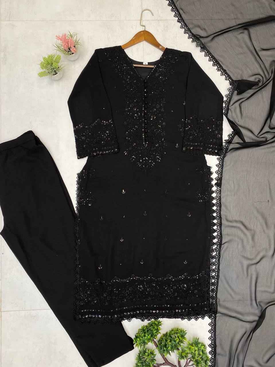 EXCLUSIVE 3 PIECE PLAZZO PAIR WITH DUPATTA IN SEQUENCE EMBROIDERY WORK SUIT