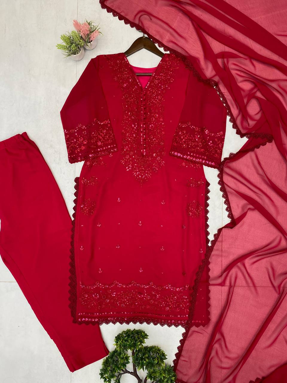 EXCLUSIVE 3 PIECE PLAZZO PAIR WITH DUPATTA IN SEQUENCE EMBROIDERY WORK SUIT