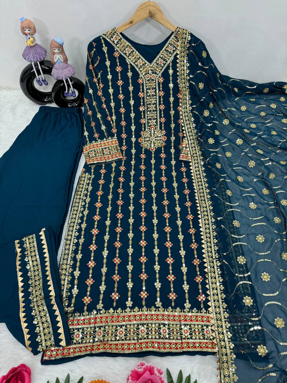 NEW DESIGNER WEAR HEAVY EMBROIDERED SEQUINS WORK 3 PIS SUIT SET