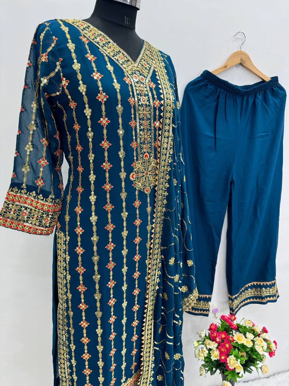 NEW DESIGNER WEAR HEAVY EMBROIDERED SEQUINS WORK 3 PIS SUIT SET