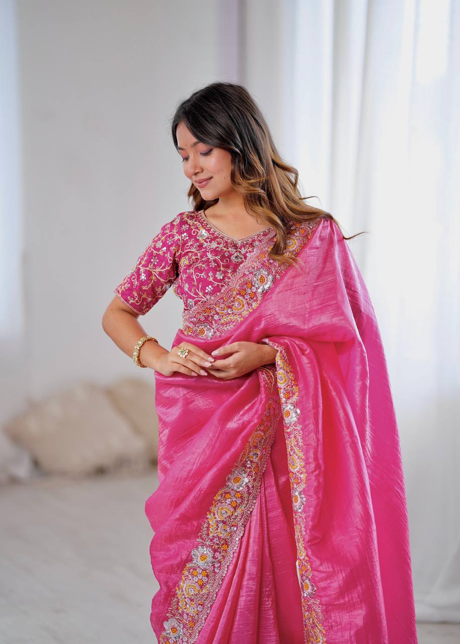 Premium Gold Crush With Heavy Embroidery Threads Saree
