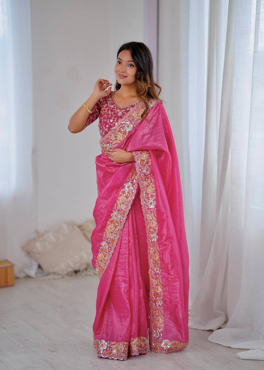 Premium Gold Crush With Heavy Embroidery Threads Saree