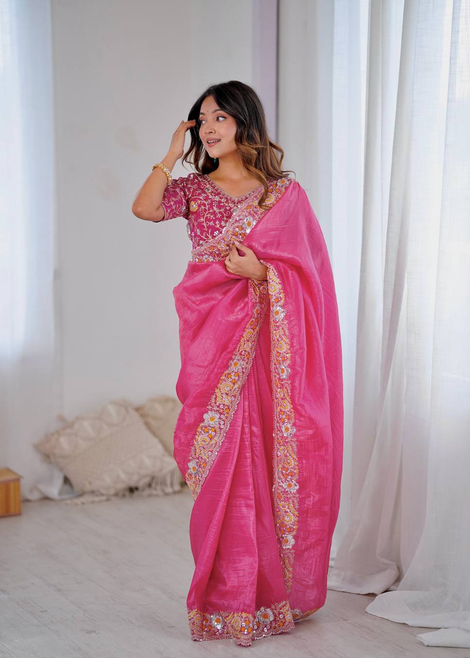 Premium Gold Crush With Heavy Embroidery Threads Saree