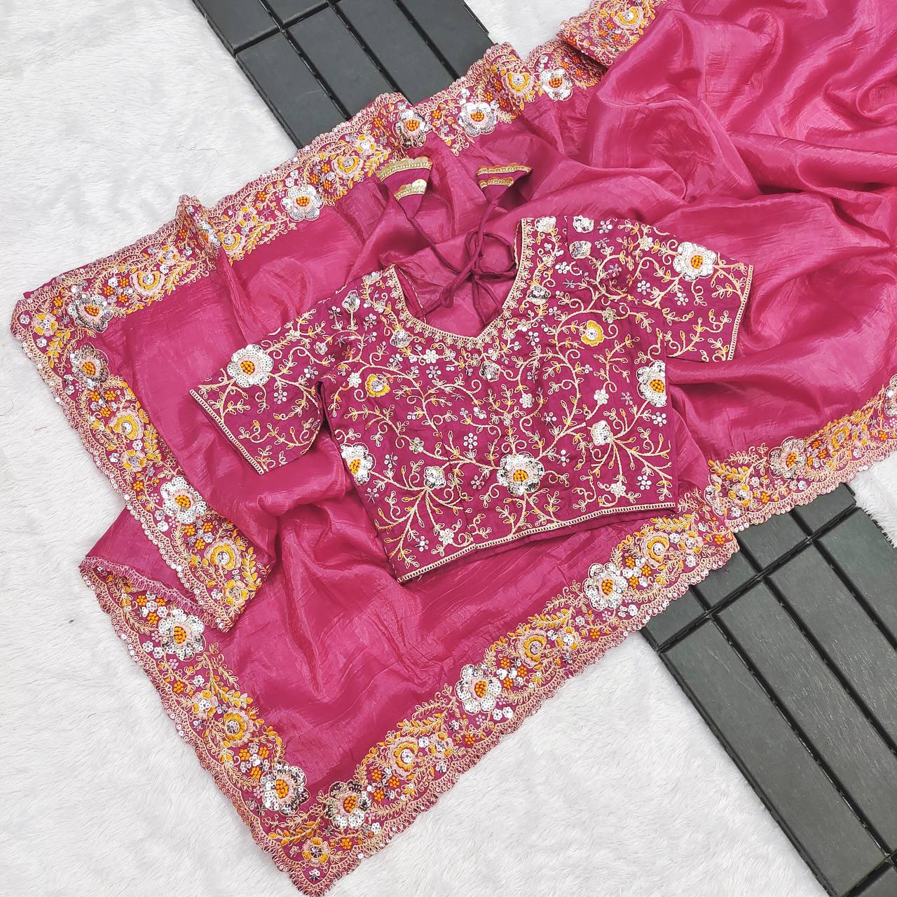Premium Gold Crush With Heavy Embroidery Threads Saree