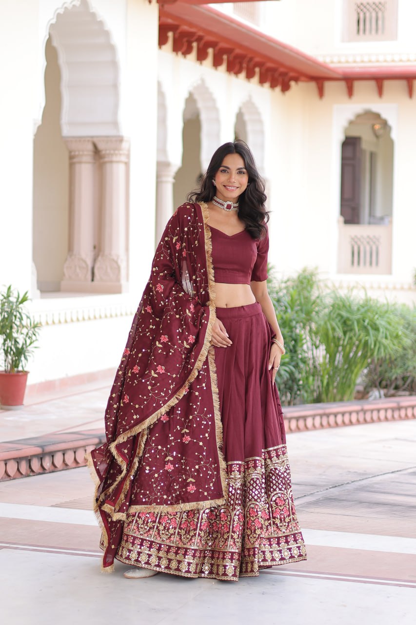 Vichitra Silk With Heavy Sequins & Thread Embroidered work Lehenga