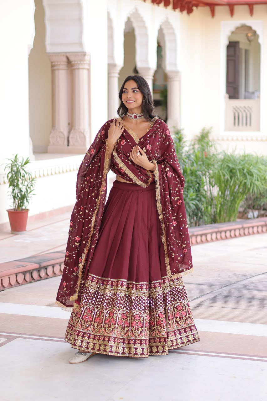 Vichitra Silk With Heavy Sequins & Thread Embroidered work Lehenga