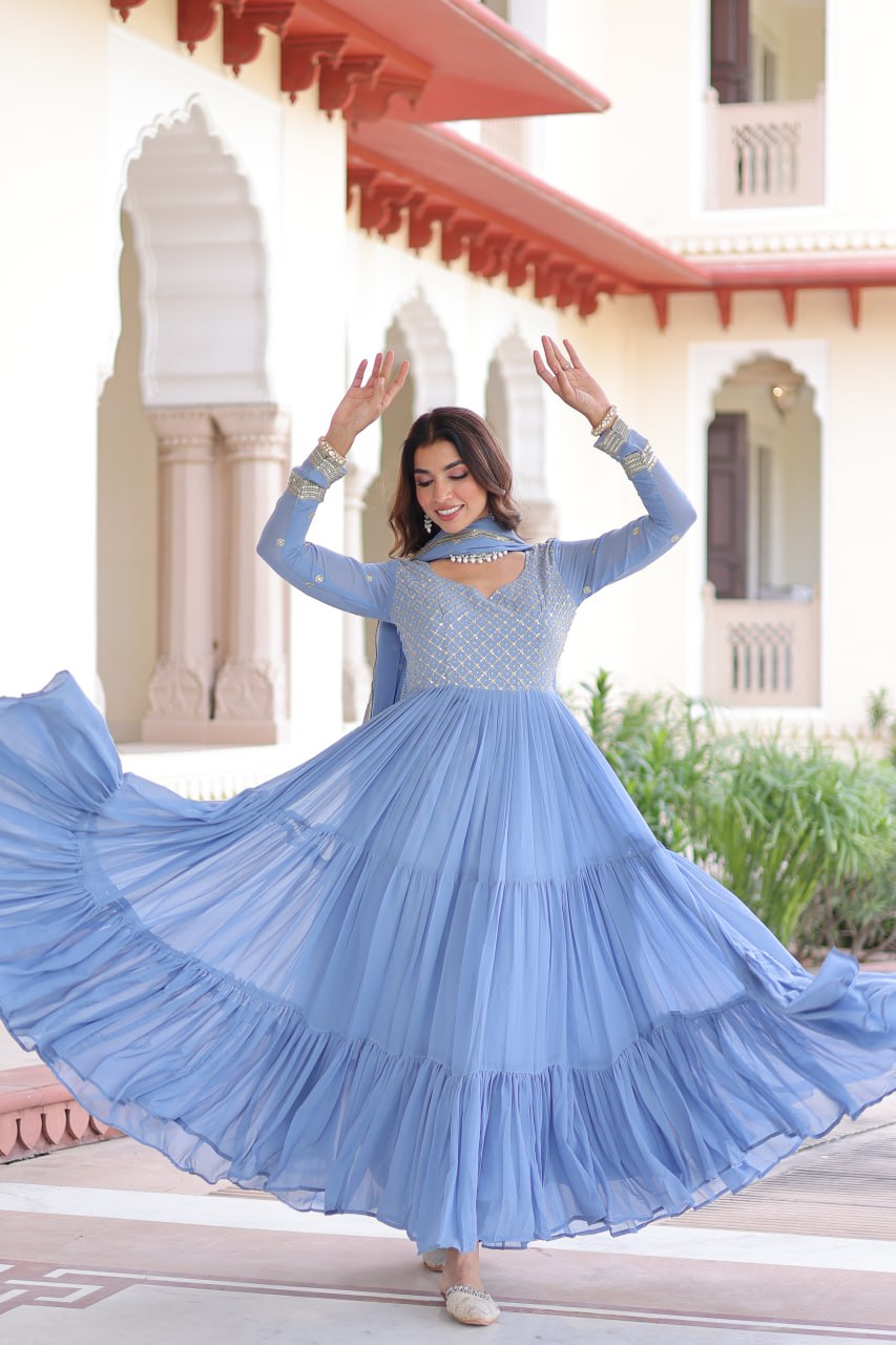 Faux Georgette With Sequins & Zari Embroidered Work Gown