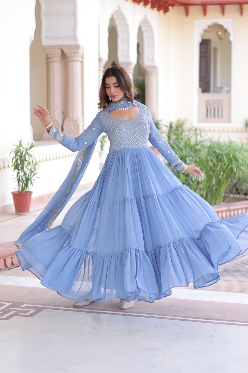 Faux Georgette With Sequins & Zari Embroidered Work Gown