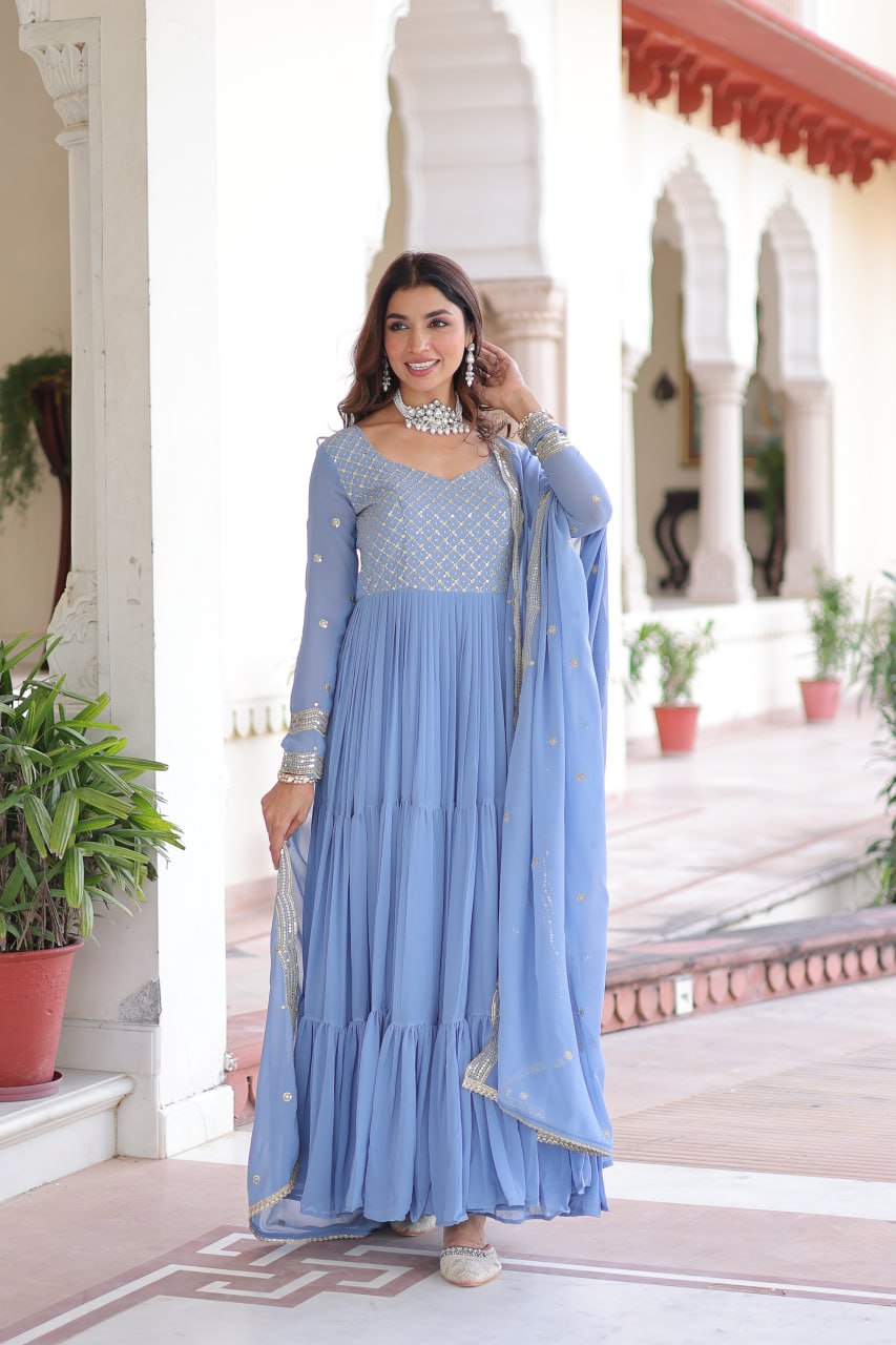 Faux Georgette With Sequins & Zari Embroidered Work Gown