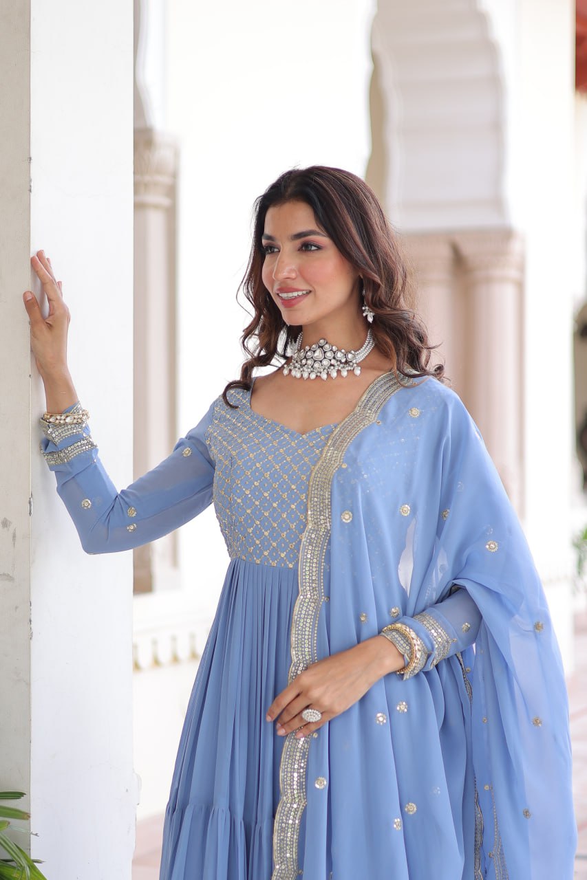 Faux Georgette With Sequins & Zari Embroidered Work Gown