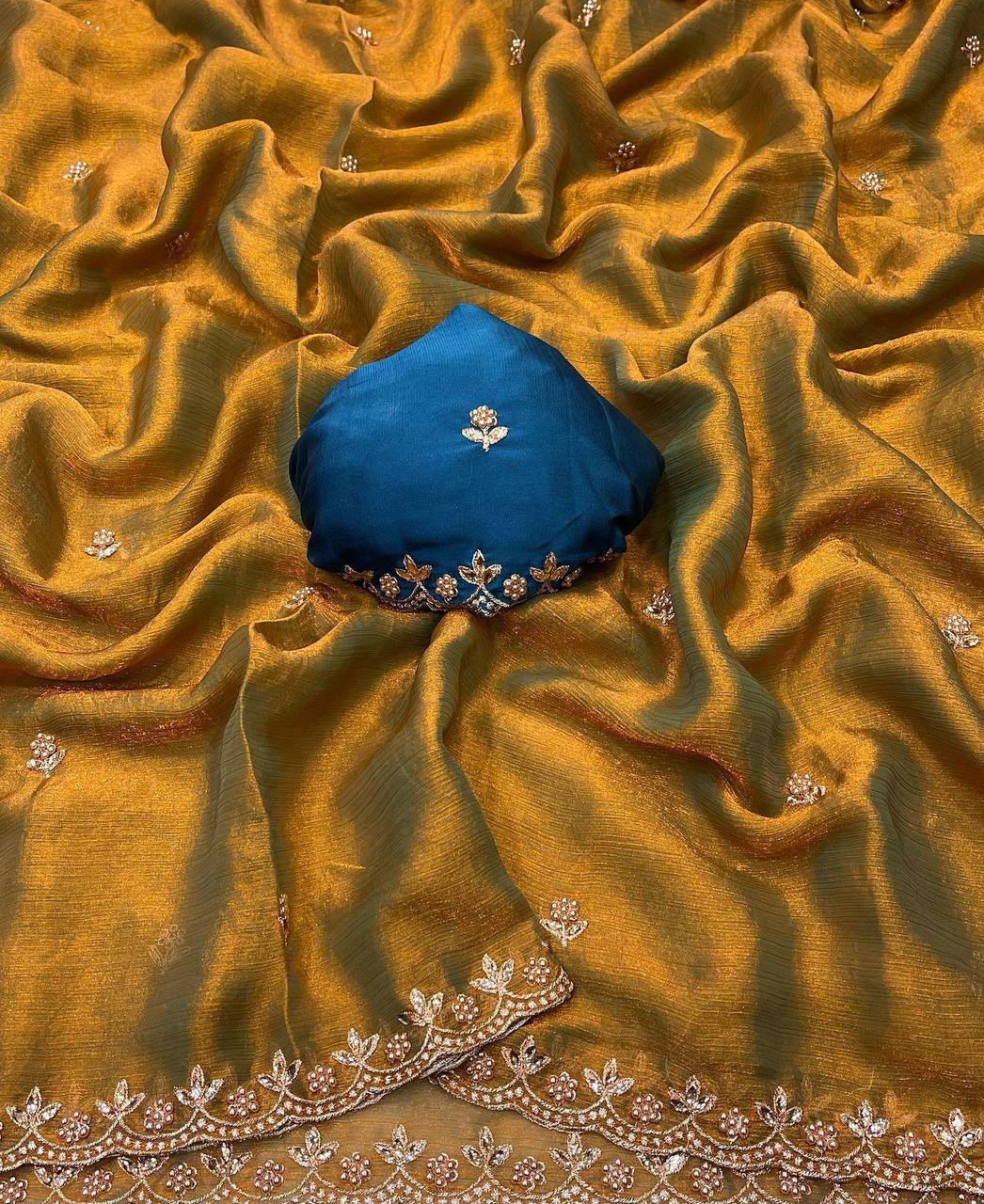 Premium Fendy Chiffon With Heavy Embroidery Work & Moti Pearls Hand