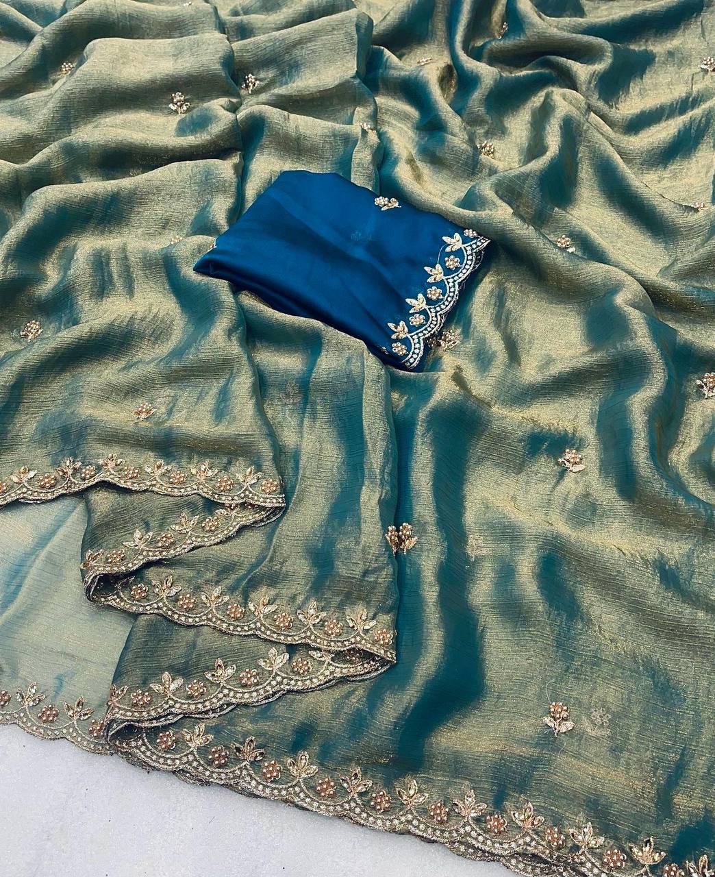 Premium Fendy Chiffon With Heavy Embroidery Work & Moti Pearls Hand