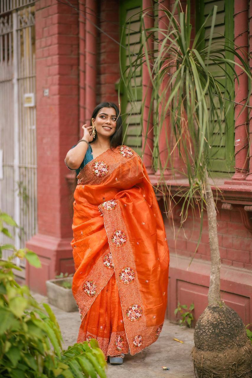 Premium Paper Crush silk sarees with Multi thread embroidery work Saree