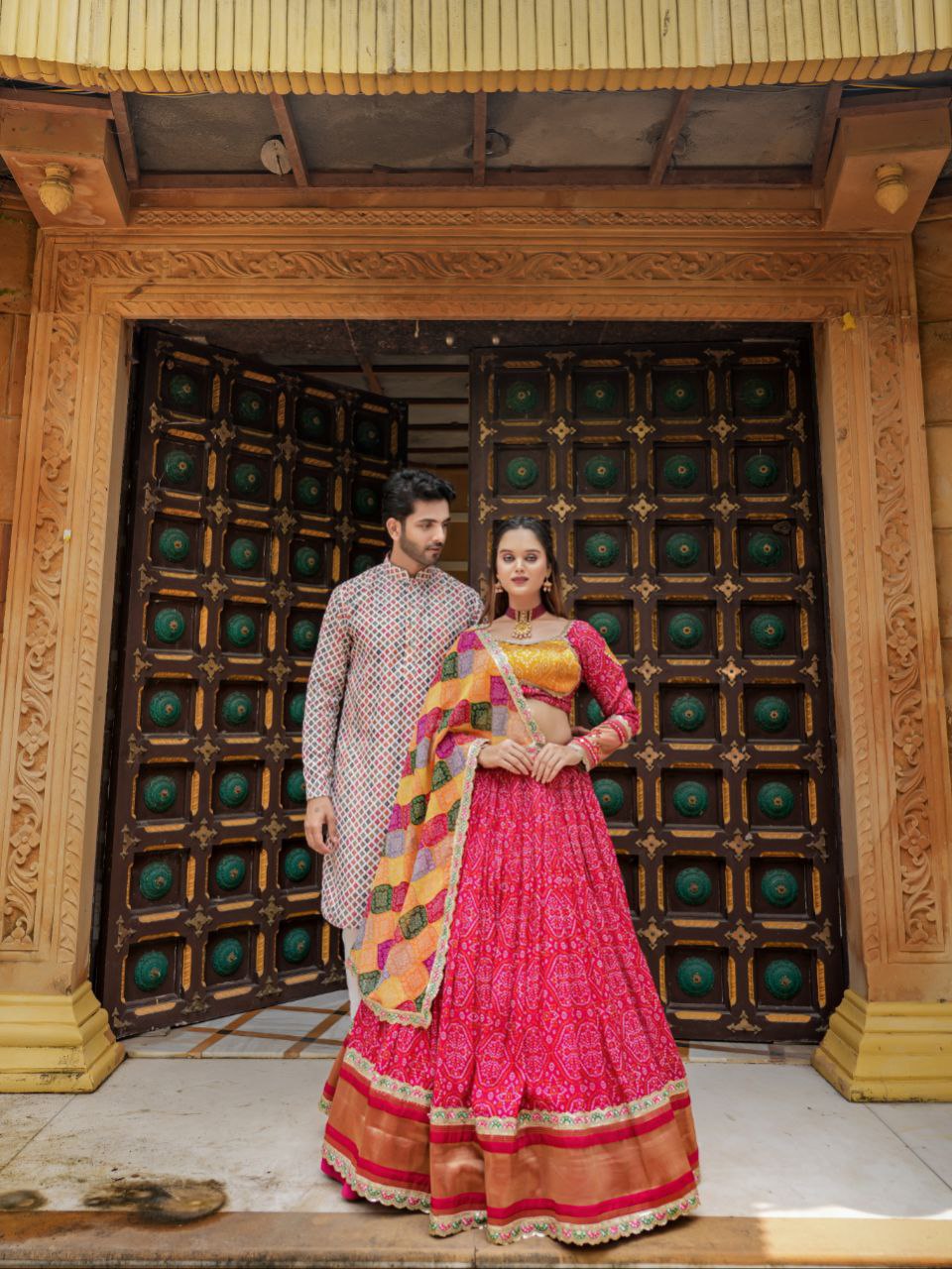 Bandhani Lagdi Patta Lehenga (Full Stitched) Couple Set