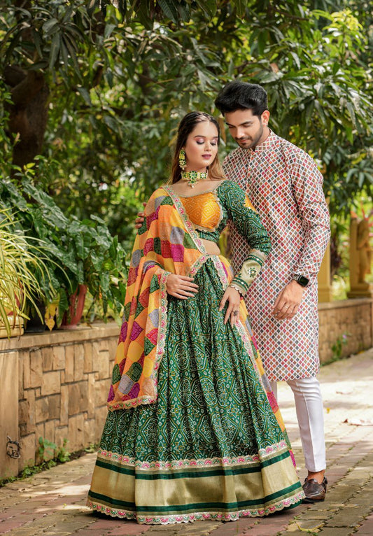 Bandhani Lagdi Patta Lehenga (Full Stitched) Couple Set