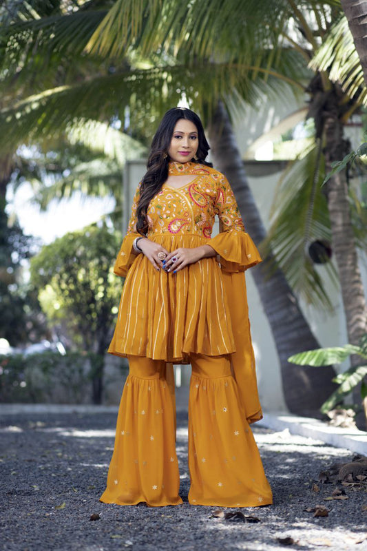 Mango Cocktail Palazzo Top With Dupatta (Full-Stitch)