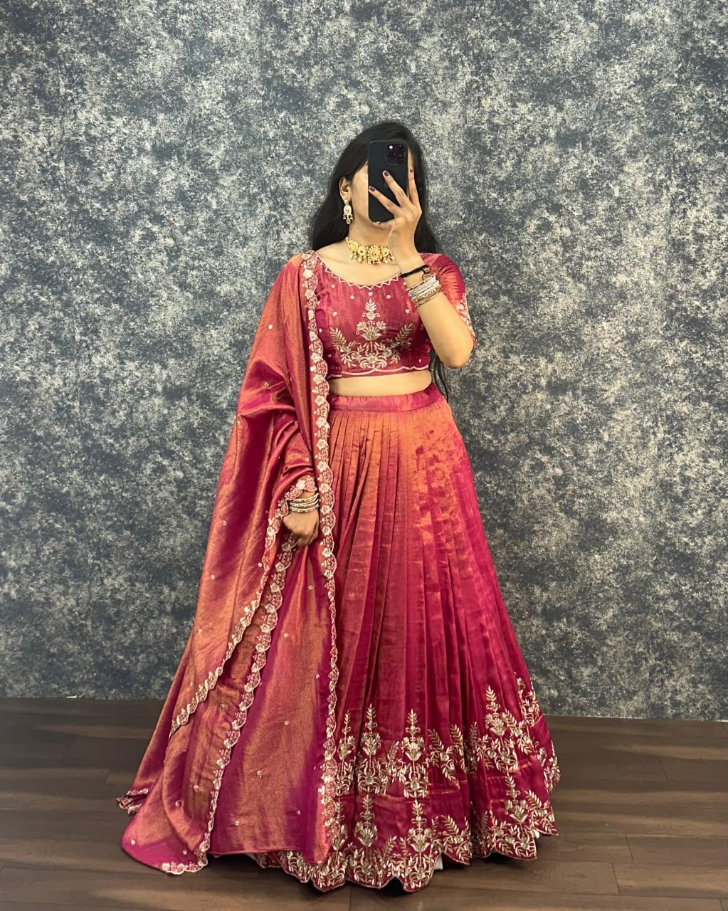 Tissue Cotton Lehenga Choli Paired with CutWork Embroidery work Dupatta