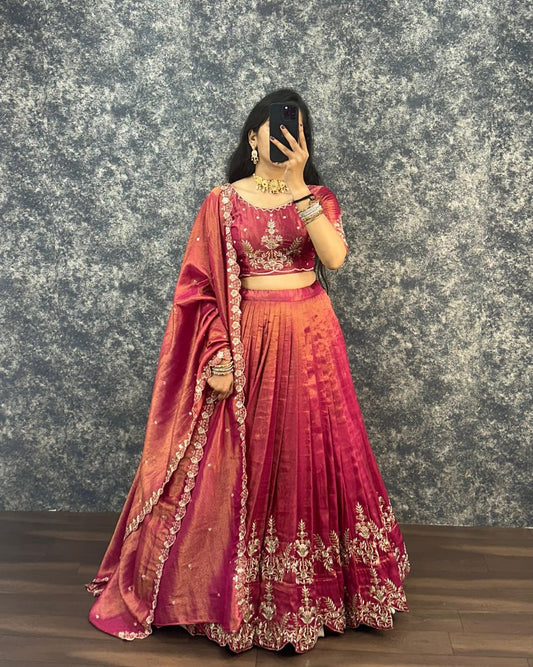 Tissue Cotton Lehenga Choli Paired with CutWork Embroidery work Dupatta