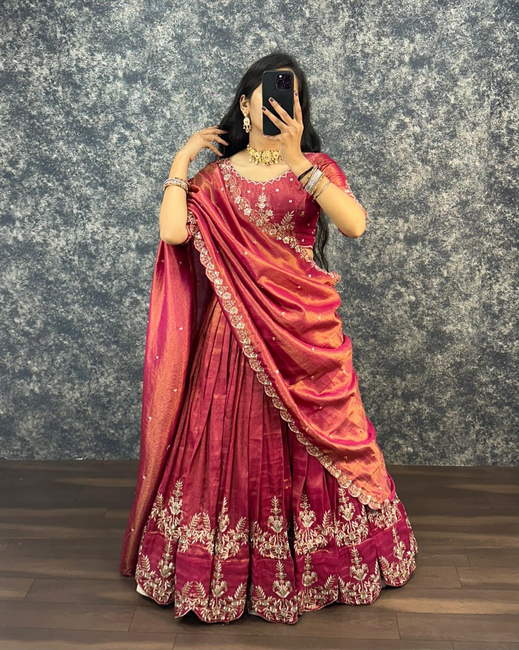 Tissue Cotton Lehenga Choli Paired with CutWork Embroidery work Dupatta