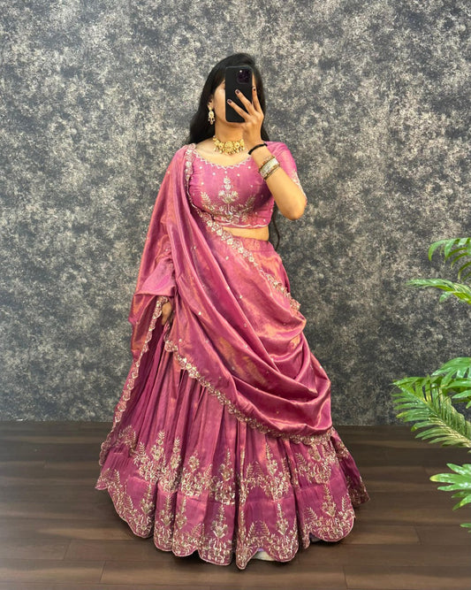Tissue Cotton Lehenga Choli Paired with CutWork Embroidery work Dupatta