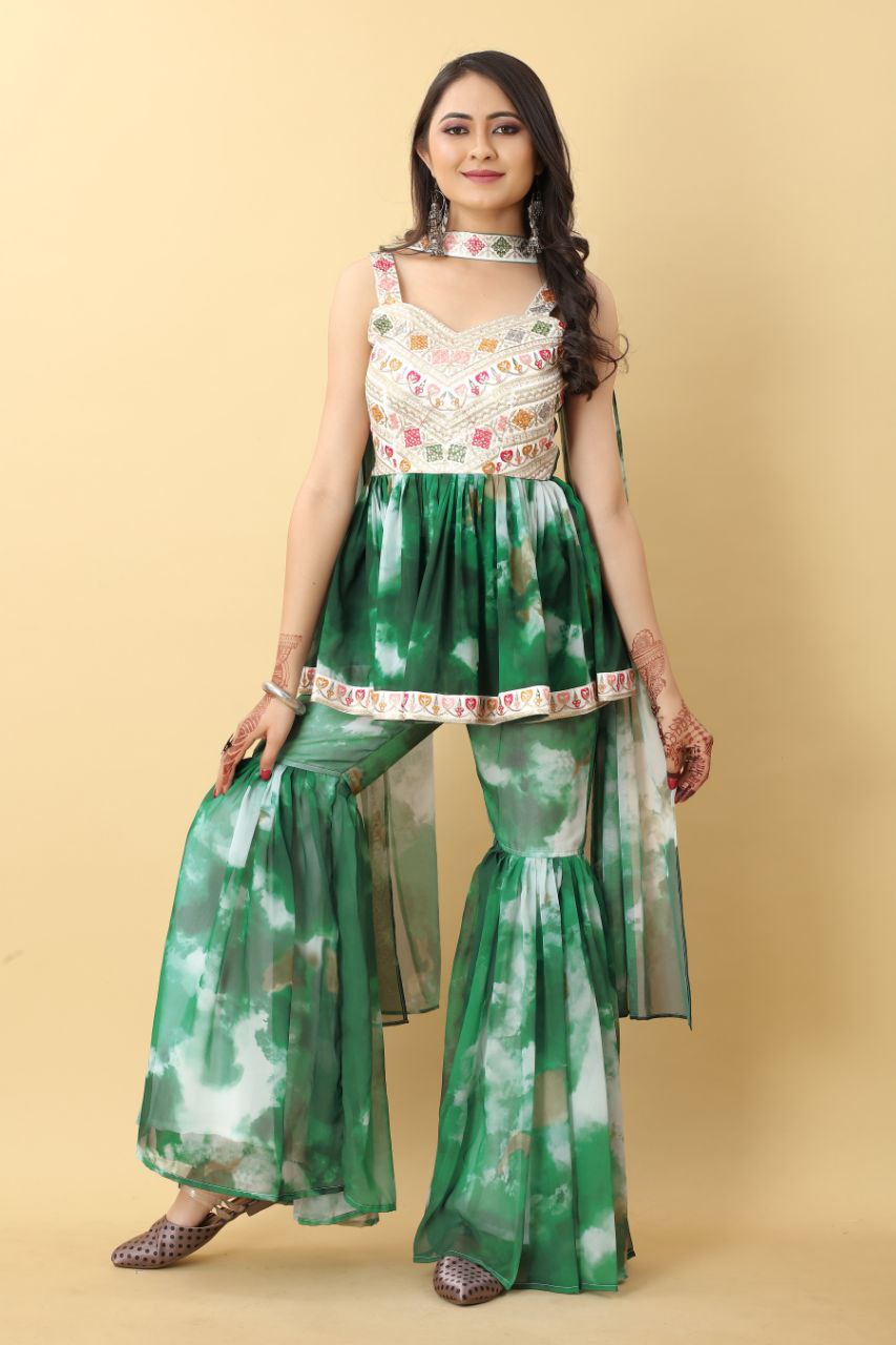 Rose Pink & Green Sharara Set