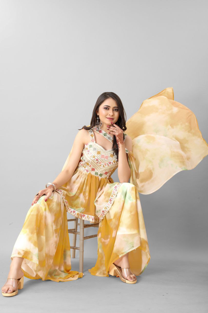 Yellow & White Sharara Set