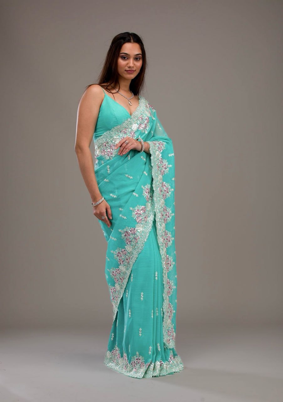 Premium Crunchy Heavy Embroidery Threads & Sequins Work Saree