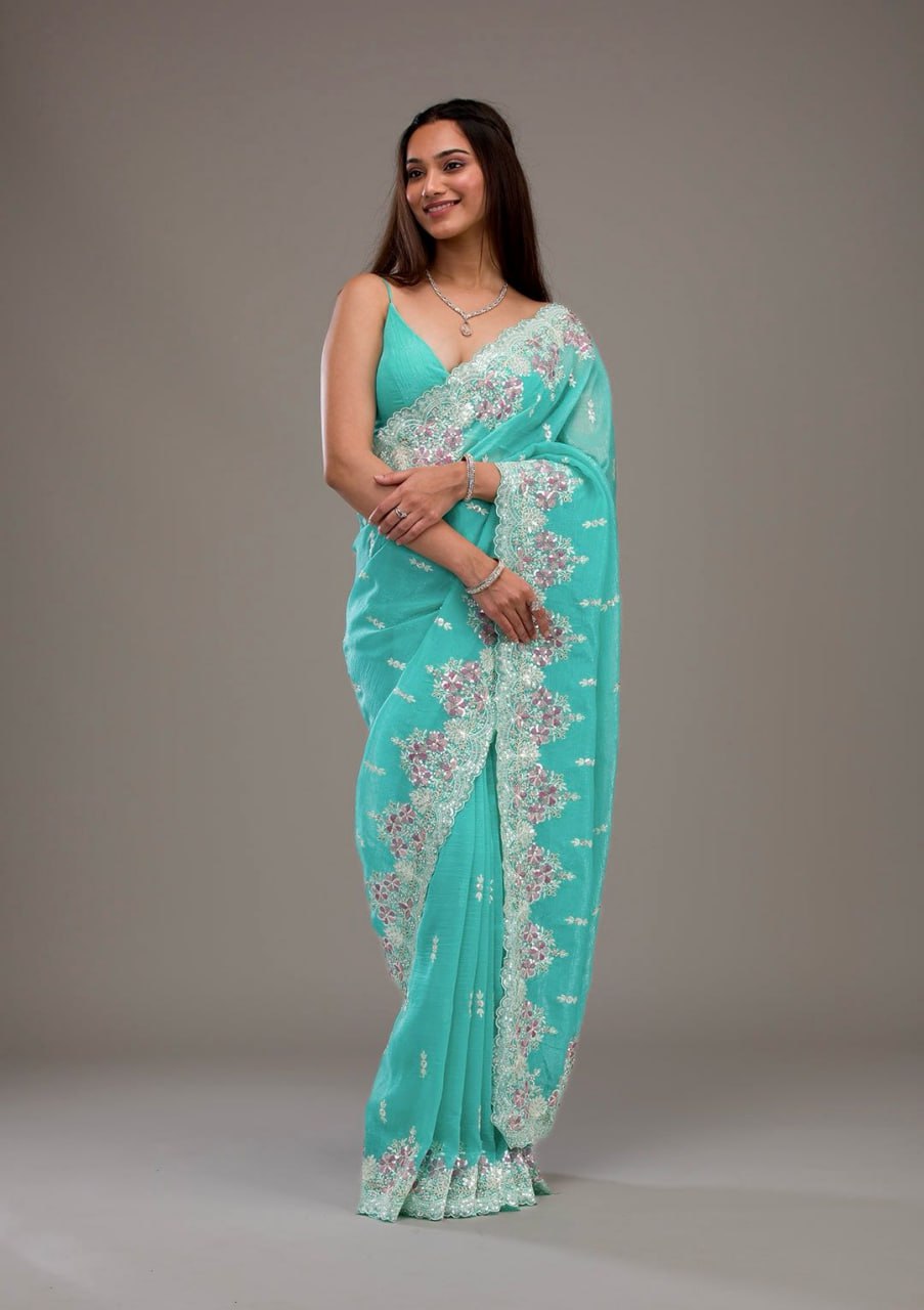 Premium Crunchy Heavy Embroidery Threads & Sequins Work Saree