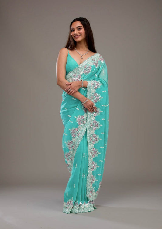 Premium Crunchy Heavy Embroidery Threads & Sequins Work Saree
