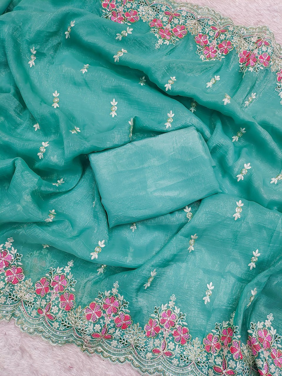 Premium Crunchy Heavy Embroidery Threads & Sequins Work Saree