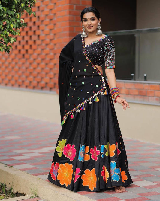 NAVRATRI WEAR BEUTIQUE STYLES PURE COTTON DESIGNER PRINTED AND REAL MIRROR WORK LEHENGA CHOLI