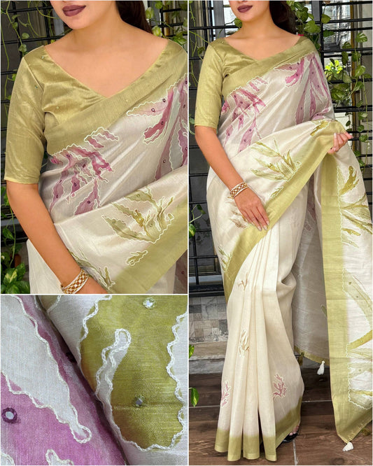 tusser linen digital print collection with hand katha & mirror work