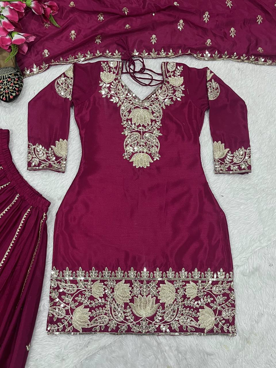 Pure Heavy Chinnon Silk With Heavy Embroidery Coding Sequence Work Suit