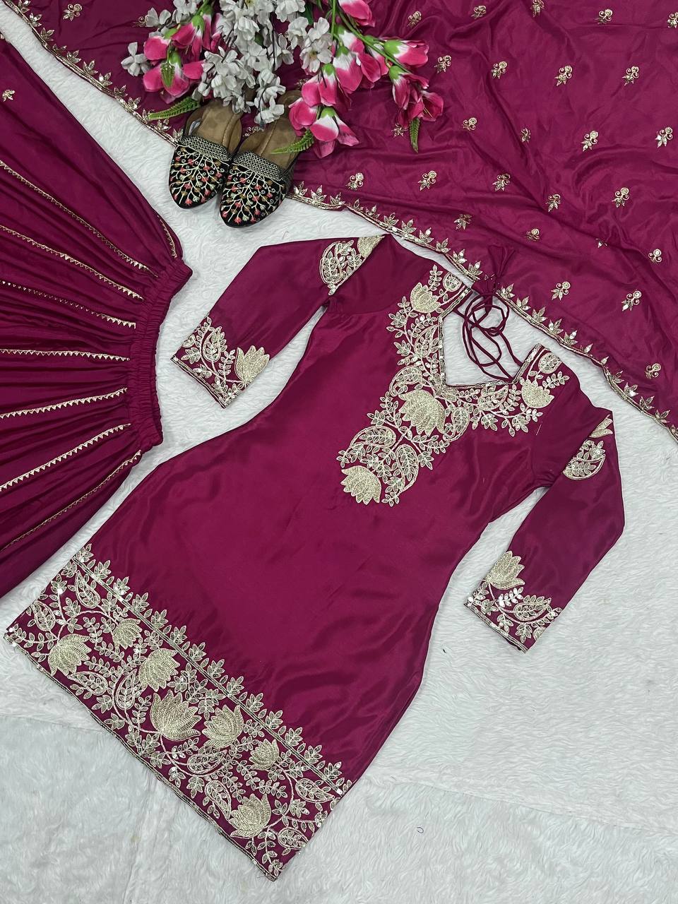 Pure Heavy Chinnon Silk With Heavy Embroidery Coding Sequence Work Suit